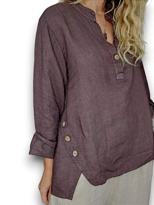 HELGA MAY_MULTI BUTTON LONG SLEEVE LINEN TOP COFFEE _ MULTI BUTTON LONG SLEEVE LINEN TOP COFFEE _ Ebony Boutique NZ