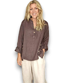 HELGA MAY_MULTI BUTTON LONG SLEEVE LINEN TOP COFFEE _ MULTI BUTTON LONG SLEEVE LINEN TOP COFFEE _ Ebony Boutique NZ