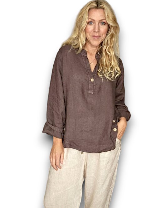 HELGA MAY_MULTI BUTTON LONG SLEEVE LINEN TOP COFFEE _ MULTI BUTTON LONG SLEEVE LINEN TOP COFFEE _ Ebony Boutique NZ