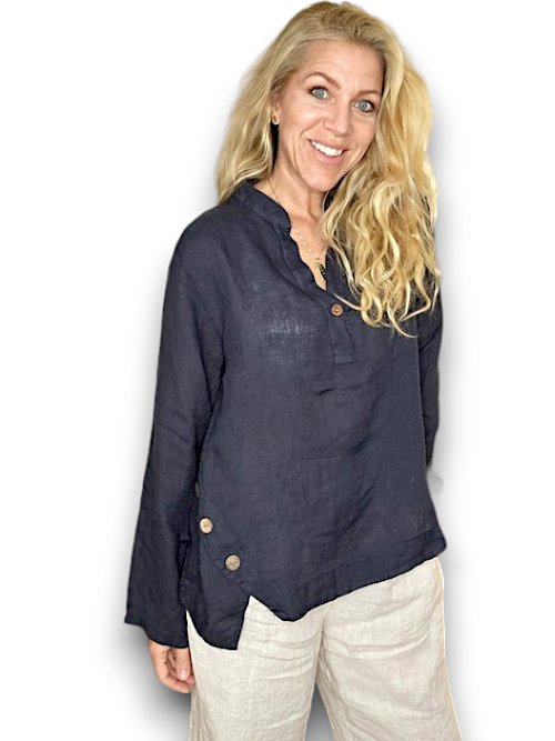 HELGA MAY_MULTI BUTTON LONG SLEEVE LINEN TOP NAVY _ MULTI BUTTON LONG SLEEVE LINEN TOP NAVY _ Ebony Boutique NZ
