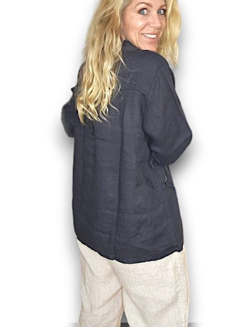 HELGA MAY_MULTI BUTTON LONG SLEEVE LINEN TOP NAVY _ MULTI BUTTON LONG SLEEVE LINEN TOP NAVY _ Ebony Boutique NZ