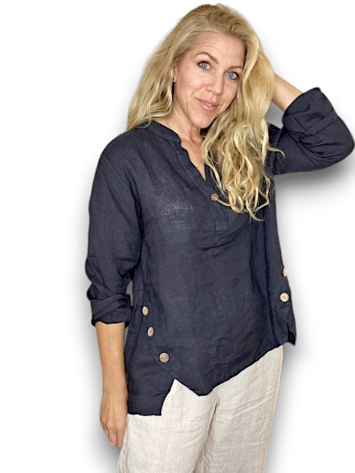 HELGA MAY_MULTI BUTTON LONG SLEEVE LINEN TOP NAVY _ MULTI BUTTON LONG SLEEVE LINEN TOP NAVY _ Ebony Boutique NZ