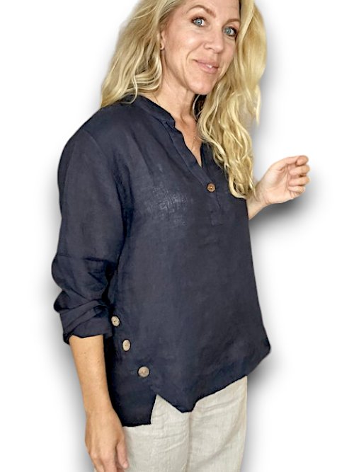 HELGA MAY_MULTI BUTTON LONG SLEEVE LINEN TOP NAVY _ MULTI BUTTON LONG SLEEVE LINEN TOP NAVY _ Ebony Boutique NZ