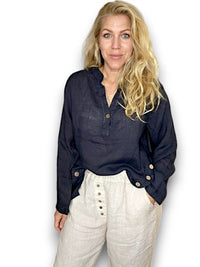 HELGA MAY_MULTI BUTTON LONG SLEEVE LINEN TOP NAVY _ MULTI BUTTON LONG SLEEVE LINEN TOP NAVY _ Ebony Boutique NZ