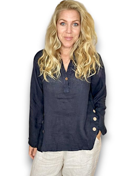 HELGA MAY_MULTI BUTTON LONG SLEEVE LINEN TOP NAVY _ MULTI BUTTON LONG SLEEVE LINEN TOP NAVY _ Ebony Boutique NZ