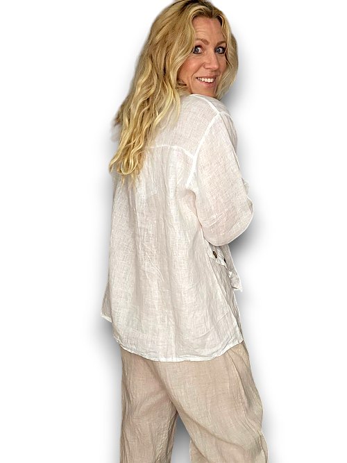 HELGA MAY_MULTI BUTTON LONG SLEEVE LINEN TOP WHITE _ MULTI BUTTON LONG SLEEVE LINEN TOP WHITE _ Ebony Boutique NZ