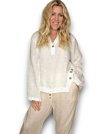 HELGA MAY_MULTI BUTTON LONG SLEEVE LINEN TOP WHITE _ MULTI BUTTON LONG SLEEVE LINEN TOP WHITE _ Ebony Boutique NZ