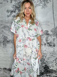 HELGA MAY_OVERLAP V - NECK MIDI MAXI DRESS LINEN AUGUSTA BLOOM WHITE _ OVERLAP V - NECK MIDI MAXI DRESS LINEN AUGUSTA BLOOM WHITE _ Ebony Boutique NZ