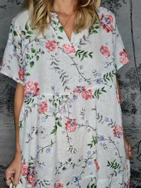 HELGA MAY_OVERLAP V - NECK MIDI MAXI DRESS LINEN AUGUSTA BLOOM WHITE _ OVERLAP V - NECK MIDI MAXI DRESS LINEN AUGUSTA BLOOM WHITE _ Ebony Boutique NZ