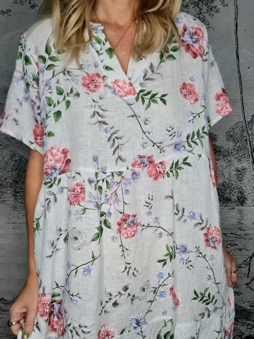 HELGA MAY_OVERLAP V - NECK MIDI MAXI DRESS LINEN AUGUSTA BLOOM WHITE _ OVERLAP V - NECK MIDI MAXI DRESS LINEN AUGUSTA BLOOM WHITE _ Ebony Boutique NZ