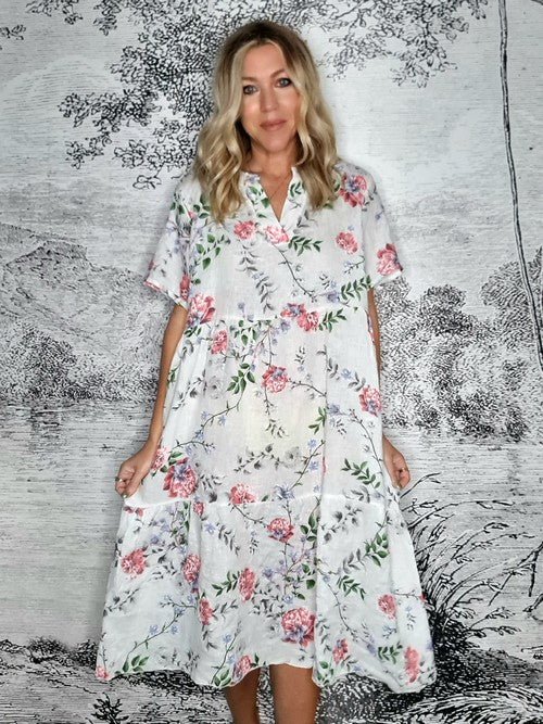 HELGA MAY_OVERLAP V - NECK MIDI MAXI DRESS LINEN AUGUSTA BLOOM WHITE _ OVERLAP V - NECK MIDI MAXI DRESS LINEN AUGUSTA BLOOM WHITE _ Ebony Boutique NZ