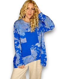 HELGA MAY_PATCHWORK SWEATER SCARLETT ROSE COTTON COBALT _ PATCHWORK SWEATER SCARLETT ROSE COTTON COBALT _ Ebony Boutique NZ