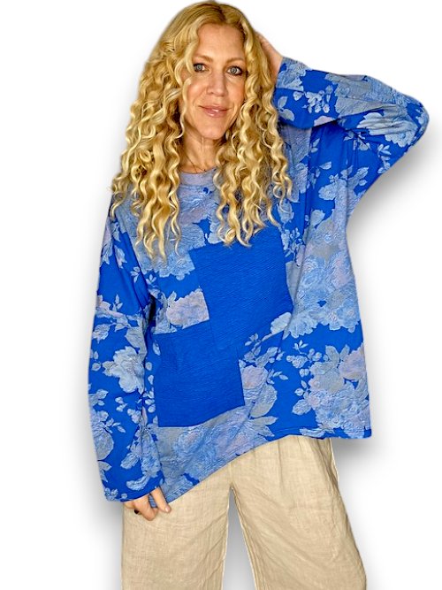 HELGA MAY_PATCHWORK SWEATER SCARLETT ROSE COTTON COBALT _ PATCHWORK SWEATER SCARLETT ROSE COTTON COBALT _ Ebony Boutique NZ