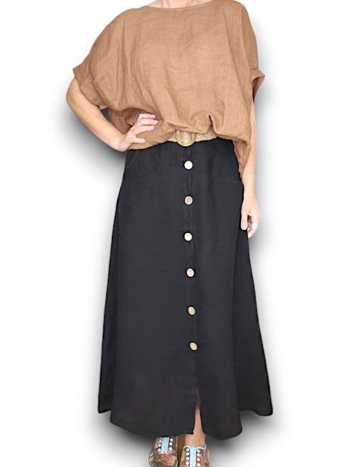 HELGA MAY_RAFFIA BELT COCONUT BUTTON LINEN MIDI SKIRT BLACK _ RAFFIA BELT COCONUT BUTTON LINEN MIDI SKIRT BLACK _ Ebony Boutique NZ