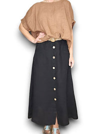 HELGA MAY_RAFFIA BELT COCONUT BUTTON LINEN MIDI SKIRT BLACK _ RAFFIA BELT COCONUT BUTTON LINEN MIDI SKIRT BLACK _ Ebony Boutique NZ
