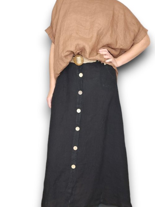 HELGA MAY_RAFFIA BELT COCONUT BUTTON LINEN MIDI SKIRT BLACK _ RAFFIA BELT COCONUT BUTTON LINEN MIDI SKIRT BLACK _ Ebony Boutique NZ