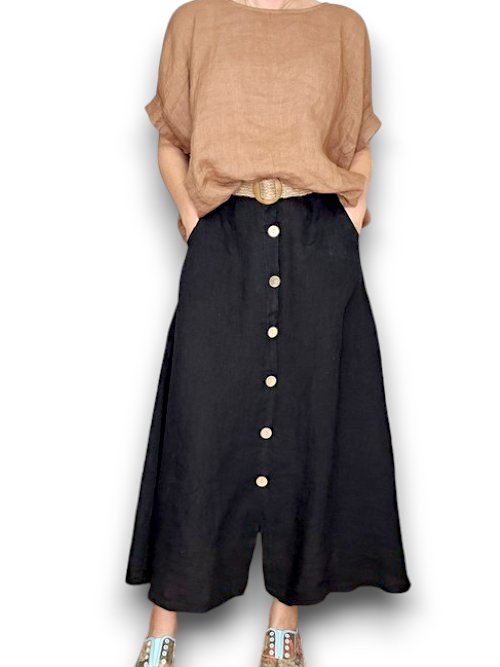 HELGA MAY_RAFFIA BELT COCONUT BUTTON LINEN MIDI SKIRT BLACK _ RAFFIA BELT COCONUT BUTTON LINEN MIDI SKIRT BLACK _ Ebony Boutique NZ