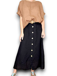 HELGA MAY_RAFFIA BELT COCONUT BUTTON LINEN MIDI SKIRT BLACK _ RAFFIA BELT COCONUT BUTTON LINEN MIDI SKIRT BLACK _ Ebony Boutique NZ