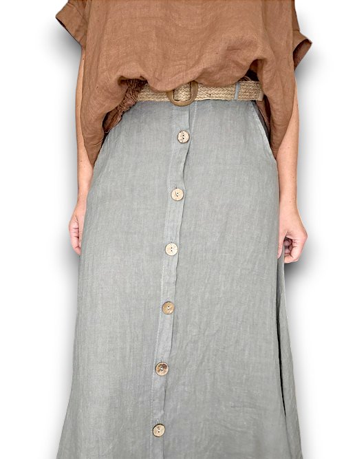 HELGA MAY_RAFFIA BELT COCONUT BUTTON LINEN MIDI SKIRT MOCHA _ RAFFIA BELT COCONUT BUTTON LINEN MIDI SKIRT MOCHA _ Ebony Boutique NZ
