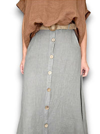 HELGA MAY_RAFFIA BELT COCONUT BUTTON LINEN MIDI SKIRT MOCHA _ RAFFIA BELT COCONUT BUTTON LINEN MIDI SKIRT MOCHA _ Ebony Boutique NZ
