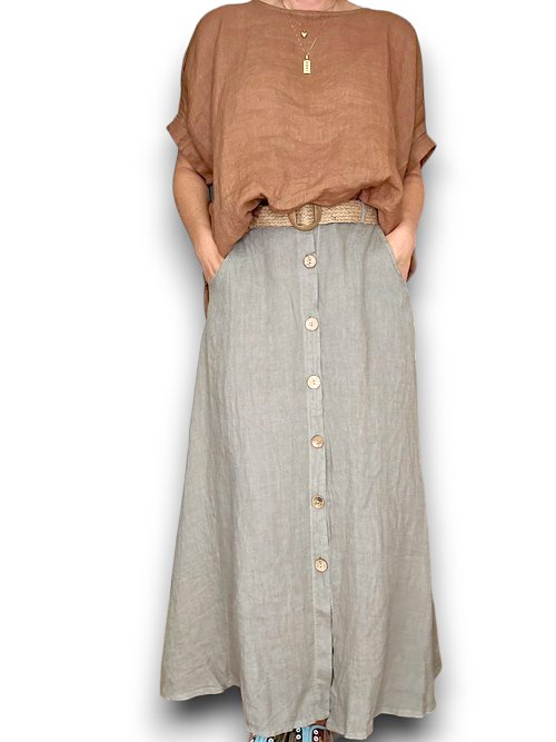 HELGA MAY_RAFFIA BELT COCONUT BUTTON LINEN MIDI SKIRT MOCHA _ RAFFIA BELT COCONUT BUTTON LINEN MIDI SKIRT MOCHA _ Ebony Boutique NZ