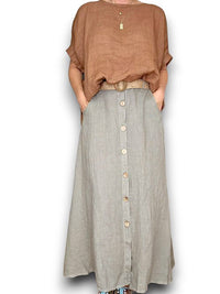 HELGA MAY_RAFFIA BELT COCONUT BUTTON LINEN MIDI SKIRT MOCHA _ RAFFIA BELT COCONUT BUTTON LINEN MIDI SKIRT MOCHA _ Ebony Boutique NZ