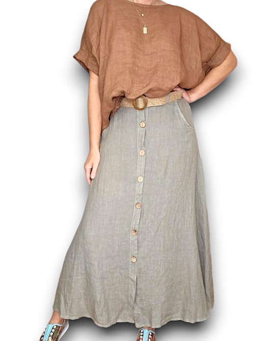HELGA MAY_RAFFIA BELT COCONUT BUTTON LINEN MIDI SKIRT MOCHA _ RAFFIA BELT COCONUT BUTTON LINEN MIDI SKIRT MOCHA _ Ebony Boutique NZ