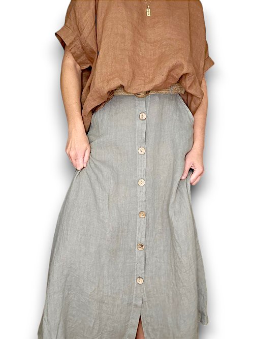 HELGA MAY_RAFFIA BELT COCONUT BUTTON LINEN MIDI SKIRT MOCHA _ RAFFIA BELT COCONUT BUTTON LINEN MIDI SKIRT MOCHA _ Ebony Boutique NZ