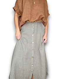 HELGA MAY_RAFFIA BELT COCONUT BUTTON LINEN MIDI SKIRT MOCHA _ RAFFIA BELT COCONUT BUTTON LINEN MIDI SKIRT MOCHA _ Ebony Boutique NZ