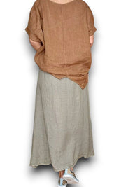 HELGA MAY_RAFFIA BELT COCONUT BUTTON LINEN MIDI SKIRT MOCHA _ RAFFIA BELT COCONUT BUTTON LINEN MIDI SKIRT MOCHA _ Ebony Boutique NZ