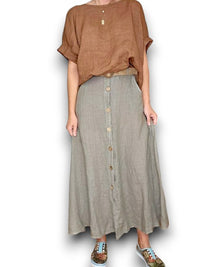 HELGA MAY_RAFFIA BELT COCONUT BUTTON LINEN MIDI SKIRT MOCHA _ RAFFIA BELT COCONUT BUTTON LINEN MIDI SKIRT MOCHA _ Ebony Boutique NZ