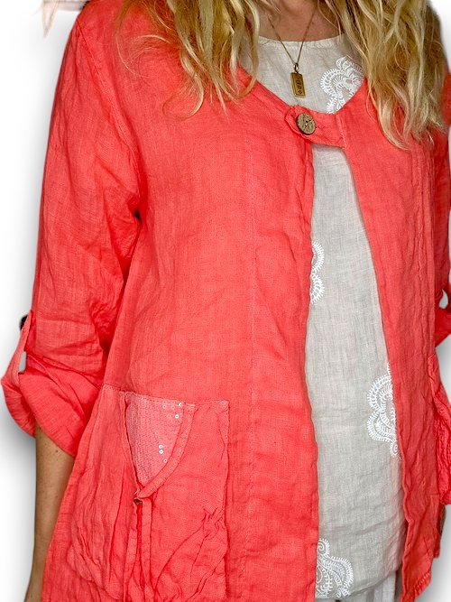 HELGA MAY_SEQUIN POCKET JACKET LINEN HOT CORAL _ SEQUIN POCKET JACKET LINEN HOT CORAL _ Ebony Boutique NZ