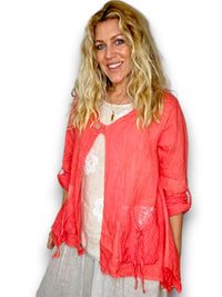HELGA MAY_SEQUIN POCKET JACKET LINEN HOT CORAL _ SEQUIN POCKET JACKET LINEN HOT CORAL _ Ebony Boutique NZ