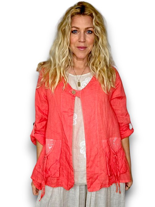 HELGA MAY_SEQUIN POCKET JACKET LINEN HOT CORAL _ SEQUIN POCKET JACKET LINEN HOT CORAL _ Ebony Boutique NZ