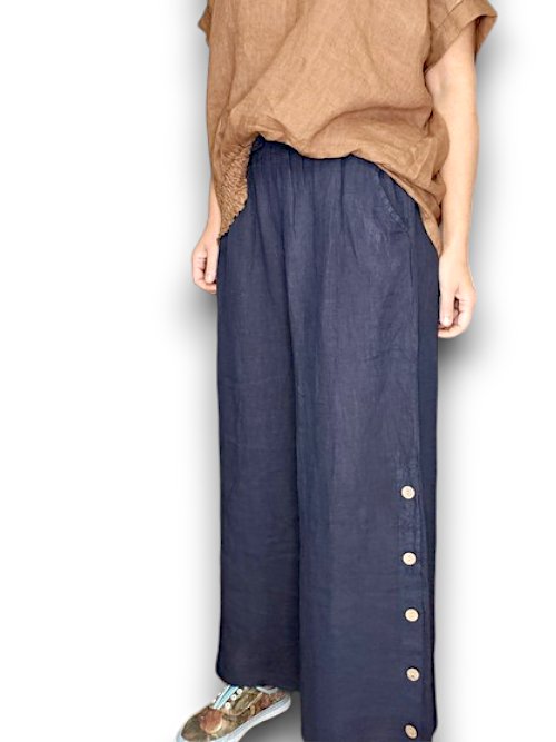 HELGA MAY_SIDE BUTTON SAILOR LINEN PANT NAVY _ SIDE BUTTON SAILOR LINEN PANT NAVY _ Ebony Boutique NZ