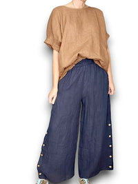 HELGA MAY_SIDE BUTTON SAILOR LINEN PANT NAVY _ SIDE BUTTON SAILOR LINEN PANT NAVY _ Ebony Boutique NZ