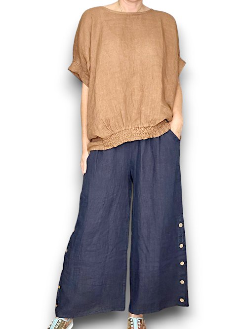 HELGA MAY_SIDE BUTTON SAILOR LINEN PANT NAVY _ SIDE BUTTON SAILOR LINEN PANT NAVY _ Ebony Boutique NZ