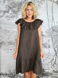 HELGA MAY_STELLA FRILL DRESS LINEN BEAN COCOA _ STELLA FRILL DRESS LINEN BEAN COCOA _ Ebony Boutique NZ
