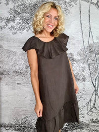 HELGA MAY_STELLA FRILL DRESS LINEN BEAN COCOA _ STELLA FRILL DRESS LINEN BEAN COCOA _ Ebony Boutique NZ