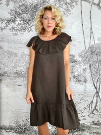 HELGA MAY_STELLA FRILL DRESS LINEN BEAN COCOA _ STELLA FRILL DRESS LINEN BEAN COCOA _ Ebony Boutique NZ