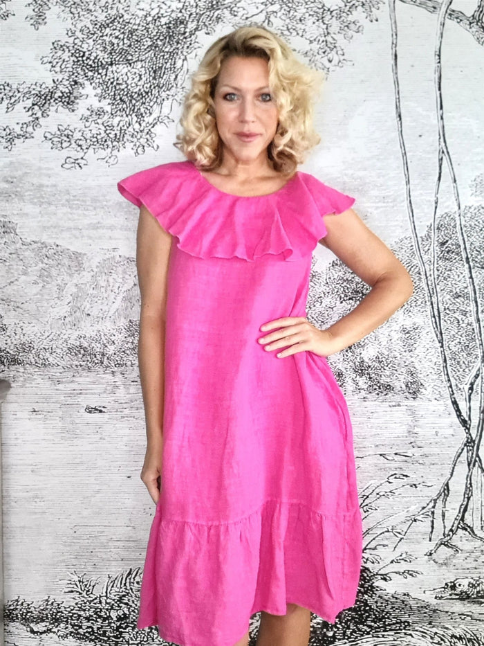 HELGA MAY_STELLA FRILL DRESS LINEN HOT PINK _ STELLA FRILL DRESS LINEN HOT PINK _ Ebony Boutique NZ