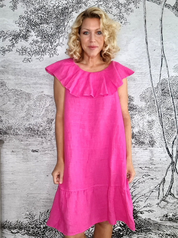 HELGA MAY_STELLA FRILL DRESS LINEN HOT PINK _ STELLA FRILL DRESS LINEN HOT PINK _ Ebony Boutique NZ