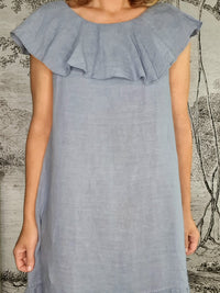 HELGA MAY_STELLA FRILL DRESS LINEN PALE PETROL _ STELLA FRILL DRESS LINEN PALE PETROL _ Ebony Boutique NZ