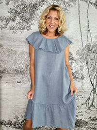 HELGA MAY_STELLA FRILL DRESS LINEN PALE PETROL _ STELLA FRILL DRESS LINEN PALE PETROL _ Ebony Boutique NZ