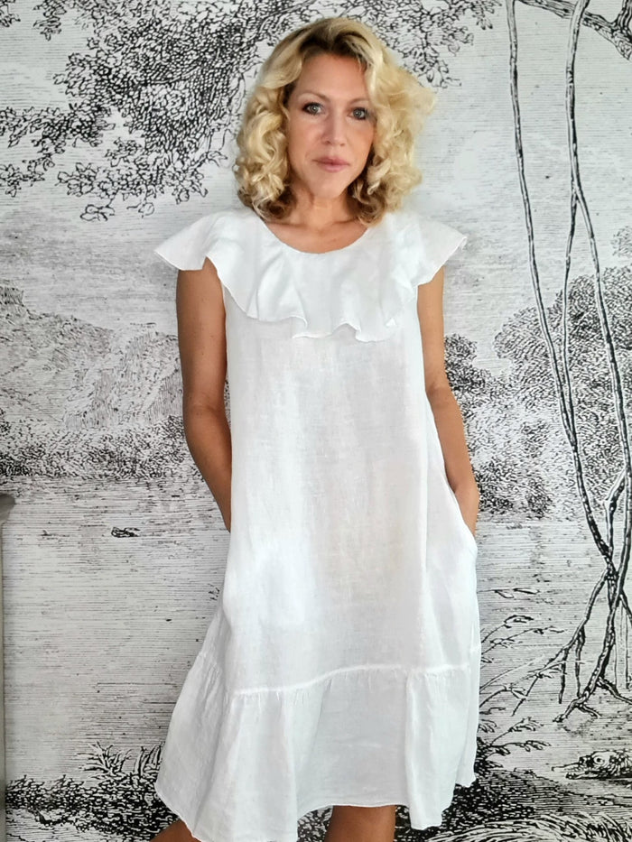 HELGA MAY_STELLA FRILL DRESS LINEN WHITE _ STELLA FRILL DRESS LINEN WHITE _ Ebony Boutique NZ
