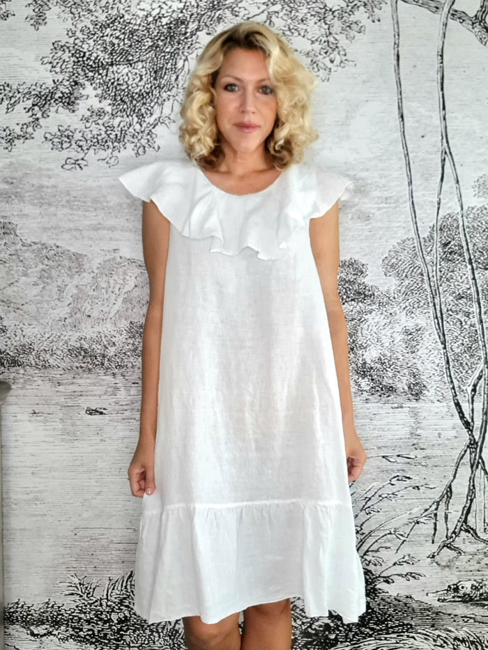 HELGA MAY_STELLA FRILL DRESS LINEN WHITE _ STELLA FRILL DRESS LINEN WHITE _ Ebony Boutique NZ