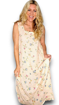 HELGA MAY_TANK DRESS LINEN WINDY BLOOM PALE PEACH _ TANK DRESS LINEN WINDY BLOOM PALE PEACH _ Ebony Boutique NZ