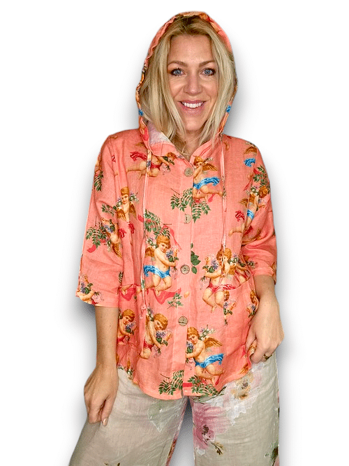 HELGA MAY_WOOD BUTTON LINEN HOODIE ANGELS CORAL _ WOOD BUTTON LINEN HOODIE ANGELS CORAL _ Ebony Boutique NZ
