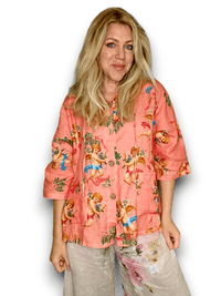 WOOD BUTTON LINEN HOODIE ANGELS CORAL