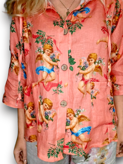 WOOD BUTTON LINEN HOODIE ANGELS CORAL